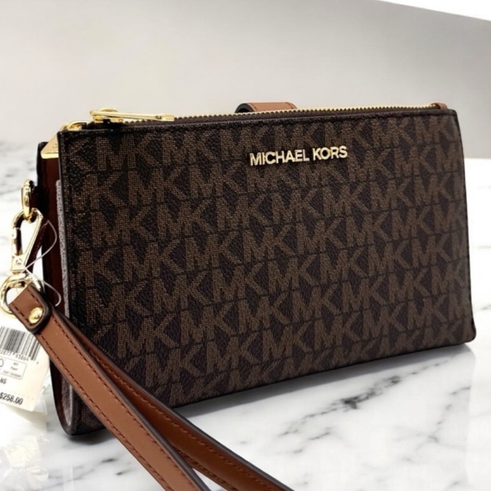 Michael Kors Large Jet Set Travel Double Zip Wallet Brown/Gold